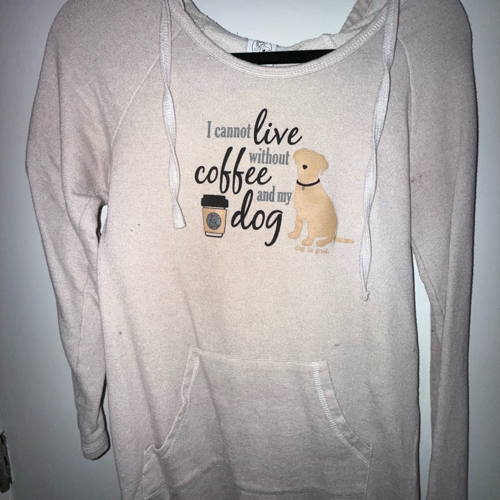 Women's Cream Long Sleeve Top with Dog and Coffee Print